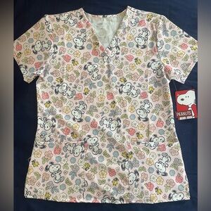Peanuts Snoopy & Woodstock Floral Scrub Top - Pink Multi
